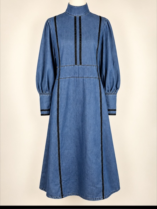Dresses & Skirts - NWT ATTRIME Denim Midi Dress Puff Sleeve High Neck Black Trim Equestrian L/XL